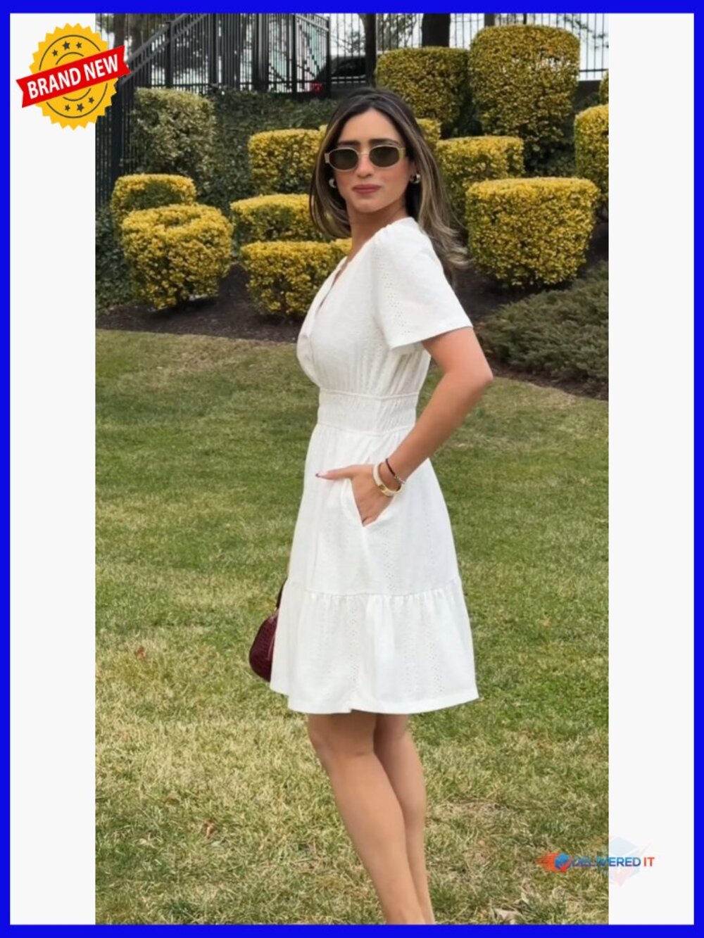 A-Line Mini Dress with Pockets Eyelet Short Sleeve Casual Summer Dress - Picture 7 of 7
